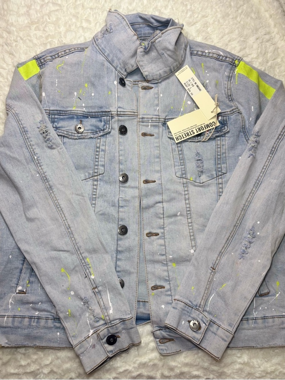 KDNK Light Wash Denim Jacket with Neon Yellow Accents - Picture 1 of 4